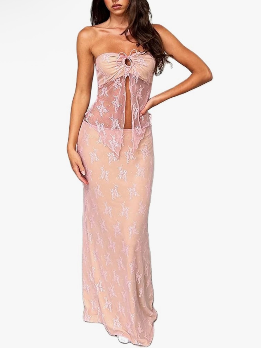 pink lace bodycon maxi skirt set